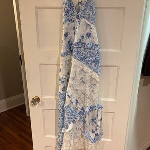 For Love and Lemons Chic Blue and White Strappy Maxi Lace Dress
